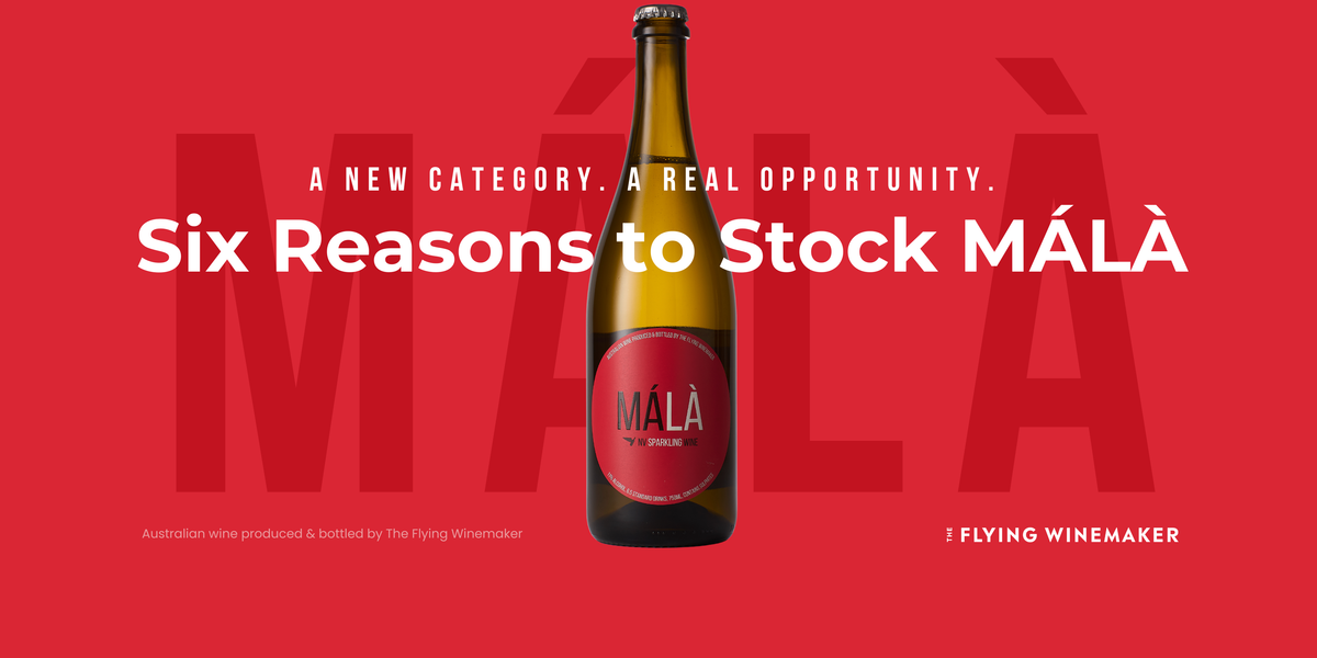 Mala bottle in the middle with big logo font in red at the back and few words across.