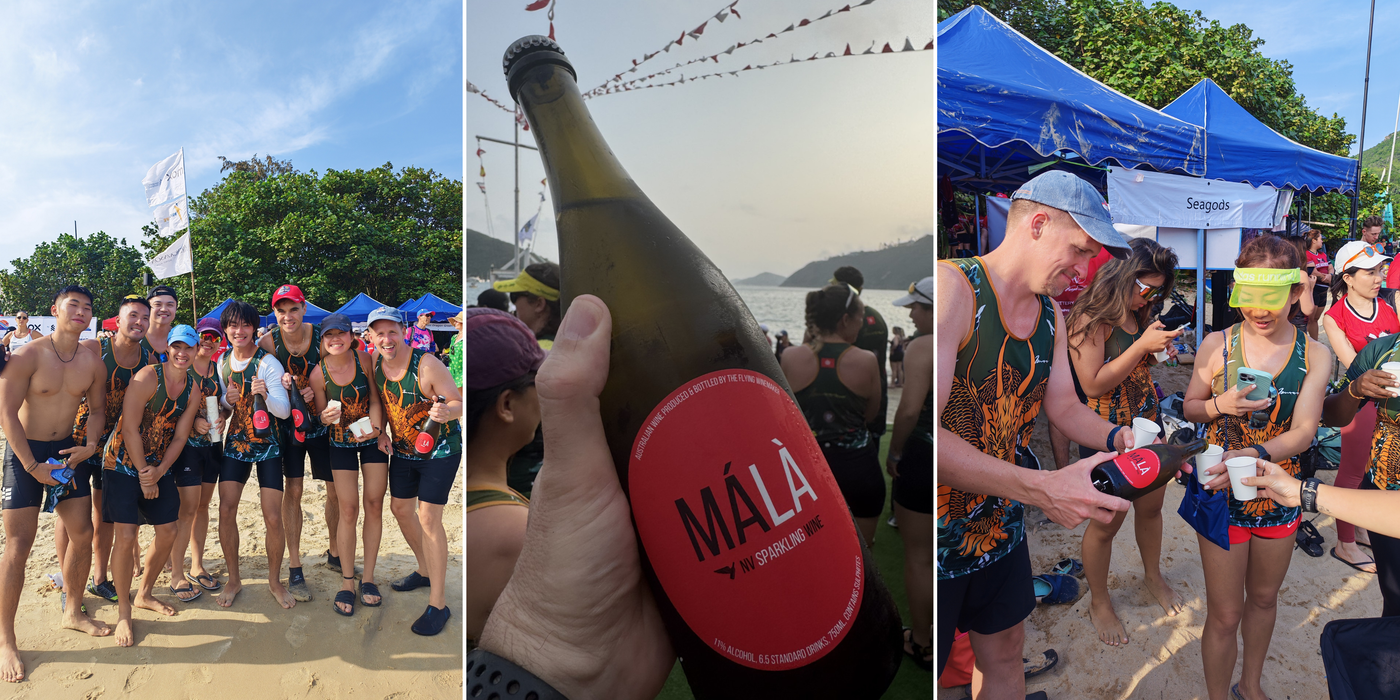 Buzz Dragon team celebrating with MÁLÀ wine and The Flying Winemaker during Hong Kong dragon boat racing season