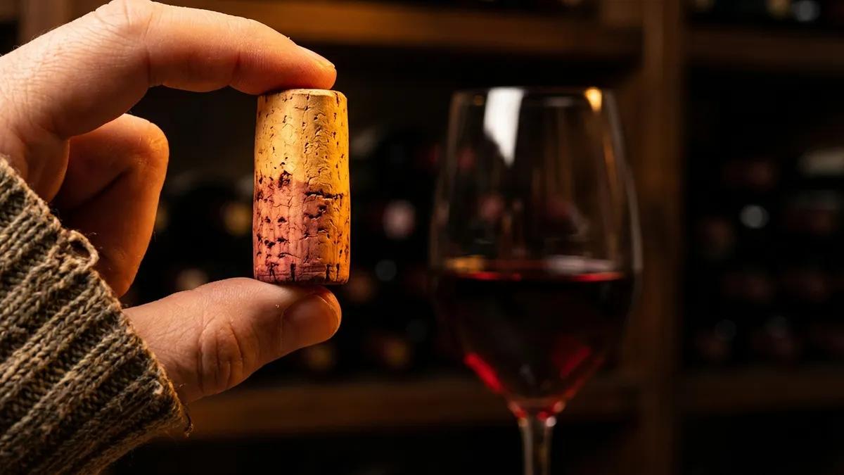 A hand showing a wine stained cork and a glass of wine on the background