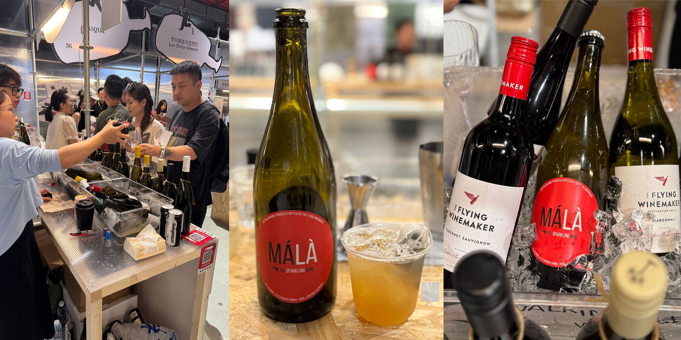 Flying Winemaker and Kings Wine team pouring MÁLÀ sparkling wine at the Shenzhen youth market event